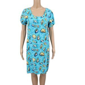 Weekend Clothes Line Blue Seashell Print Lightweight Tropical Midi Dress